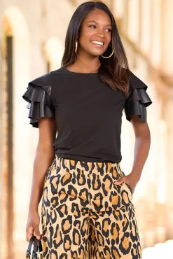 Ruffled Faux Leather Sleeve Tee