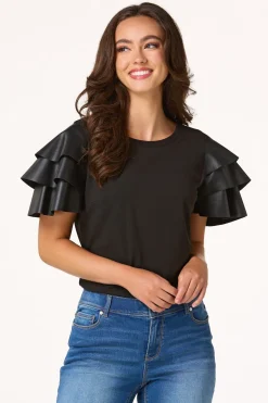 Ruffled Faux Leather Sleeve Tee