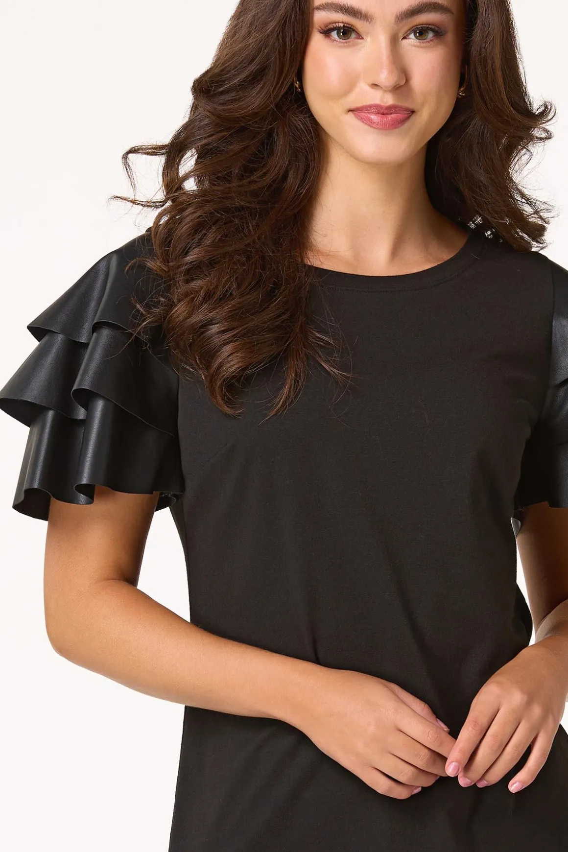Ruffled Faux Leather Sleeve Tee