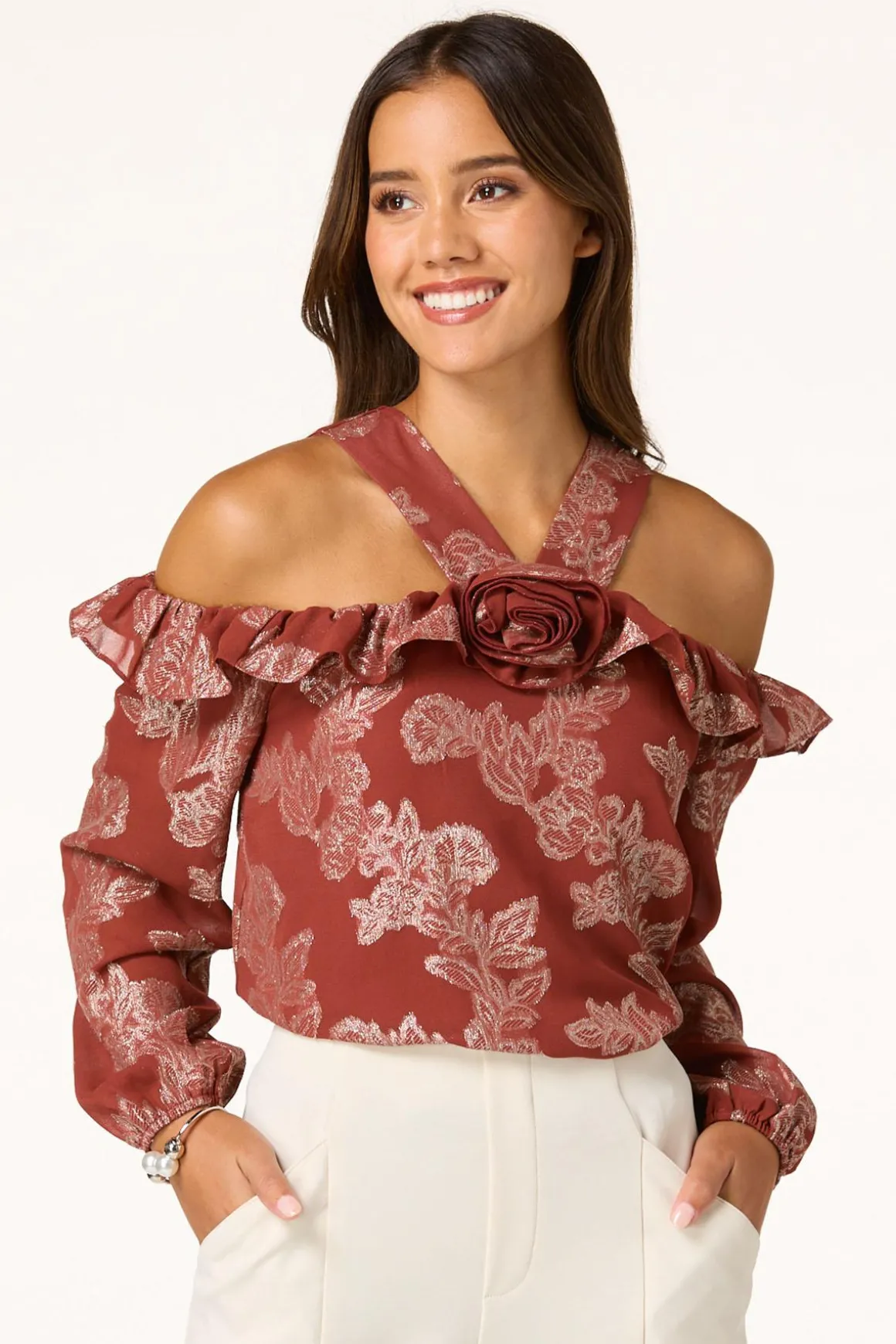 Ruffled Metallic Floral Top
