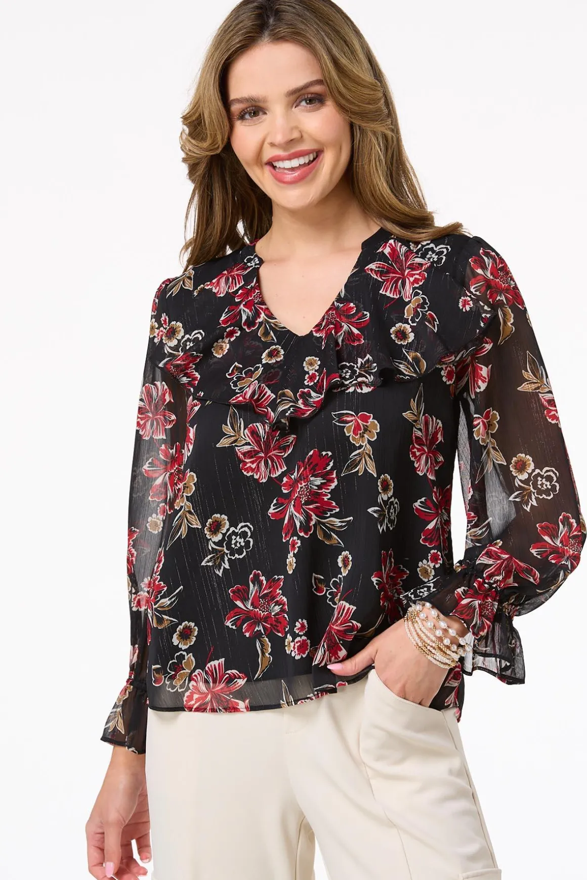 Ruffled Red Floral Top