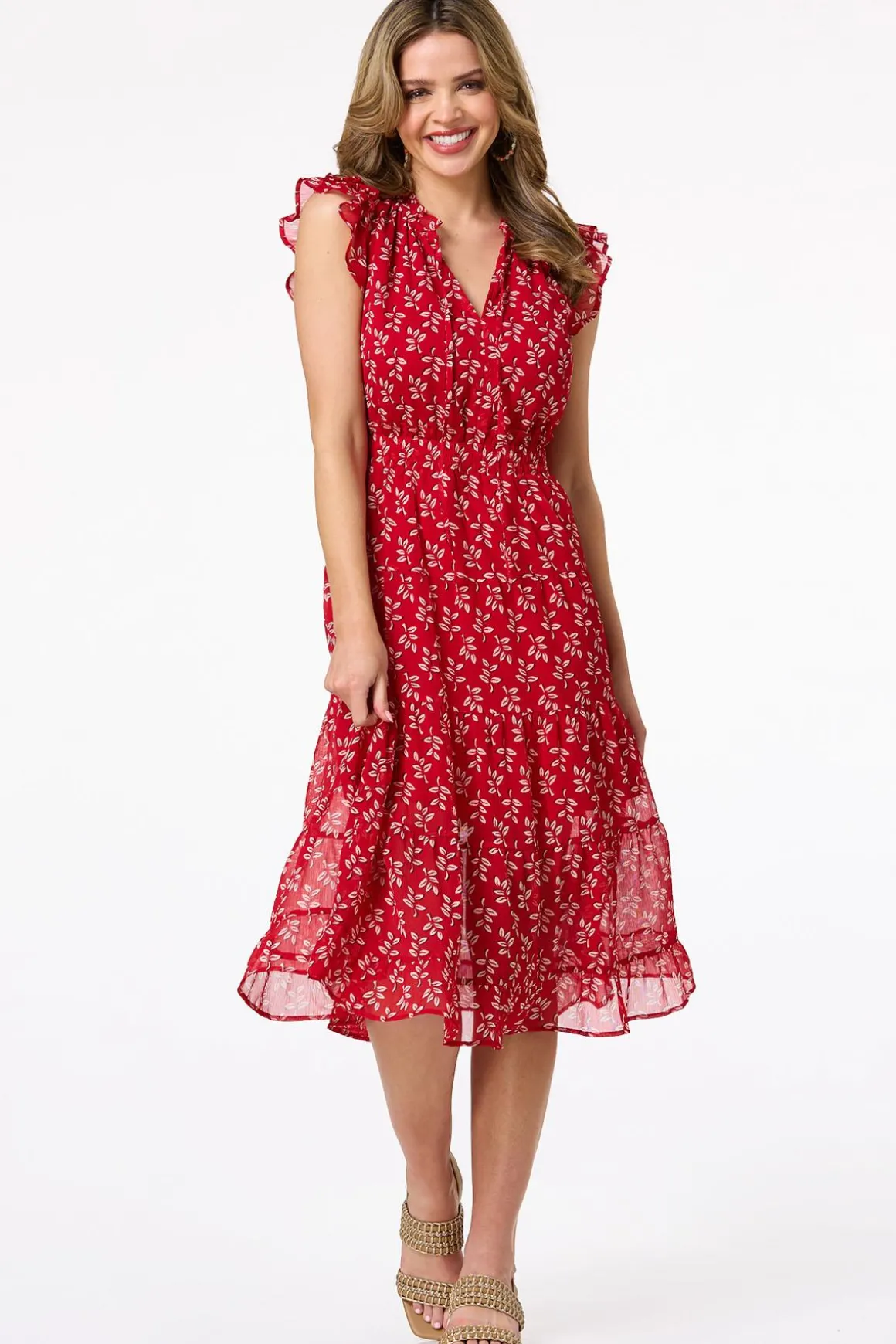 Ruffled Red Leaf Midi Dress