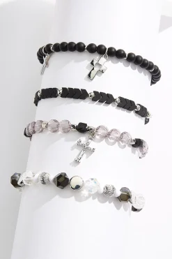 Silver Cross Black Stretch Bracelet Set