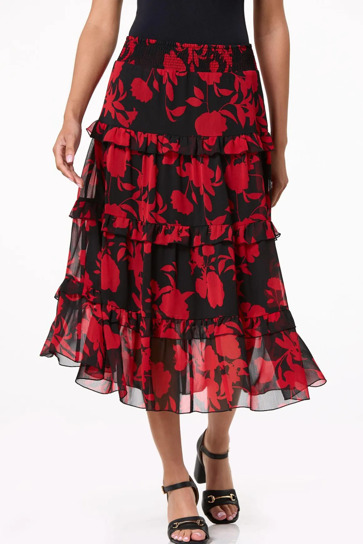 Smocked Floral Midi Skirt