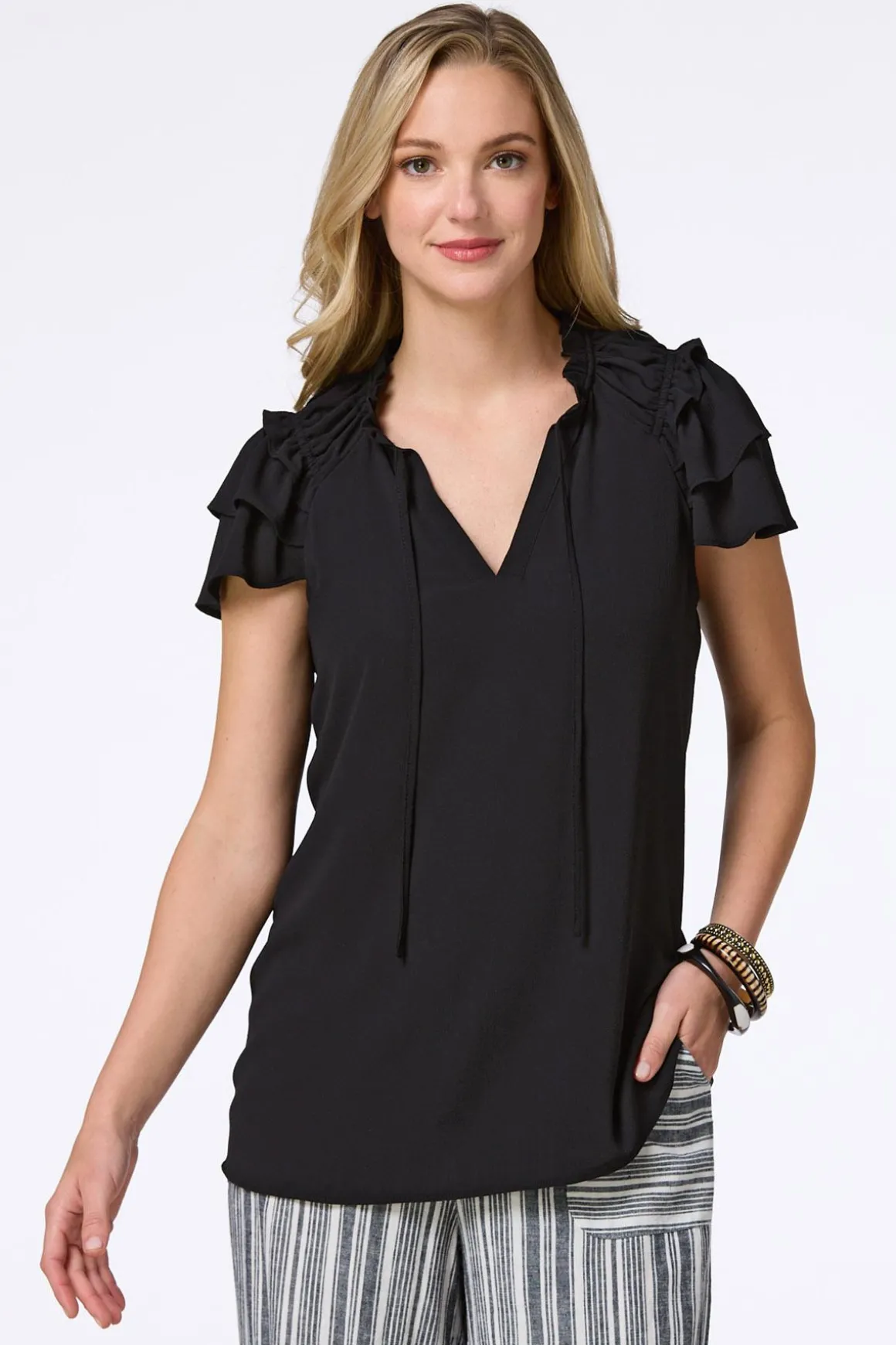 Solid Ruffled Crepe Top
