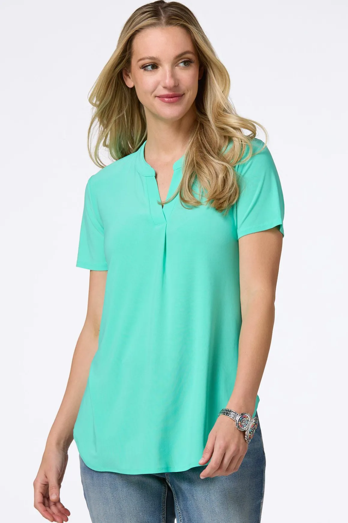 Solid Split V- Neck Top