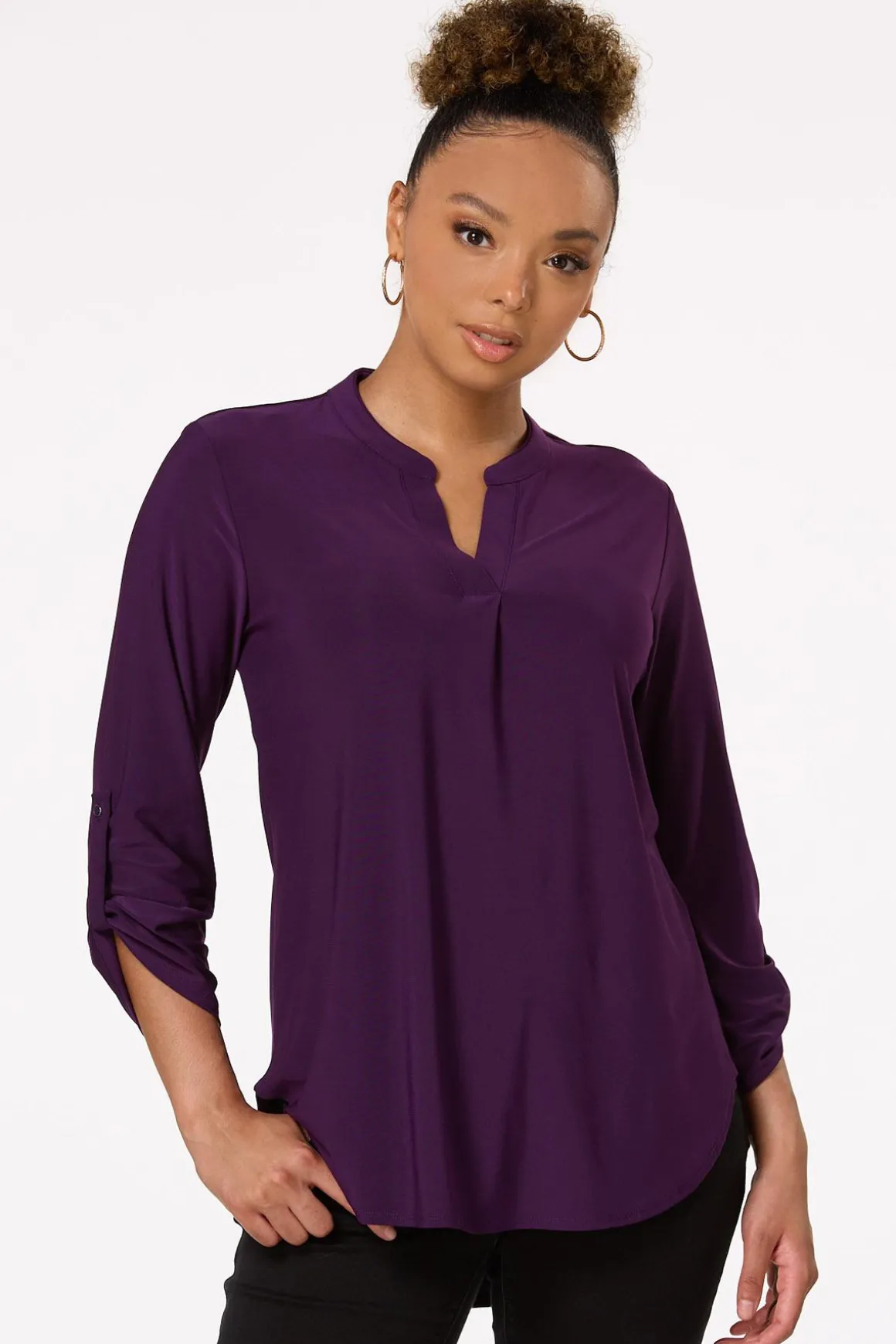 Solid Split V- Neck Top