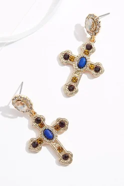 Stone Cross Dangle Earrings