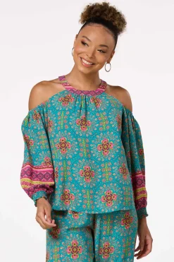 Teal Floral Cold Shoulder Top