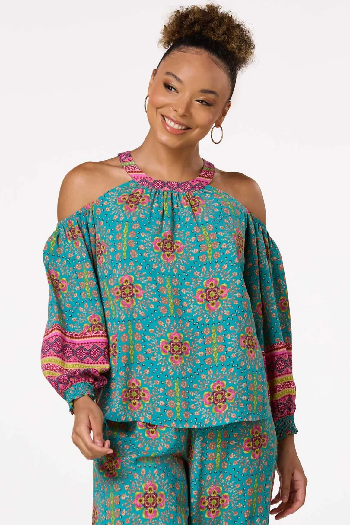 Teal Floral Cold Shoulder Top