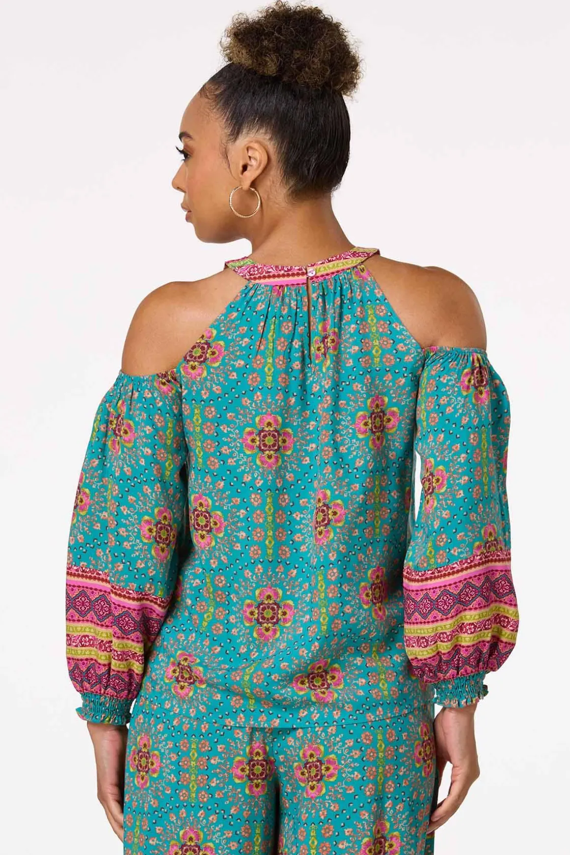 Teal Floral Cold Shoulder Top