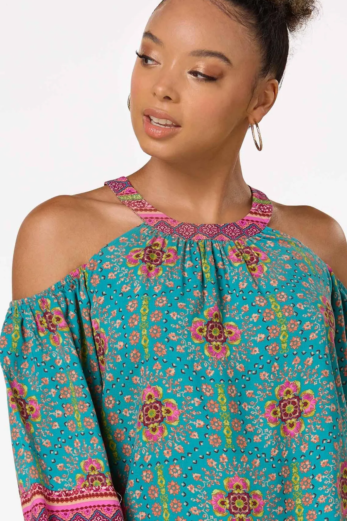 Teal Floral Cold Shoulder Top