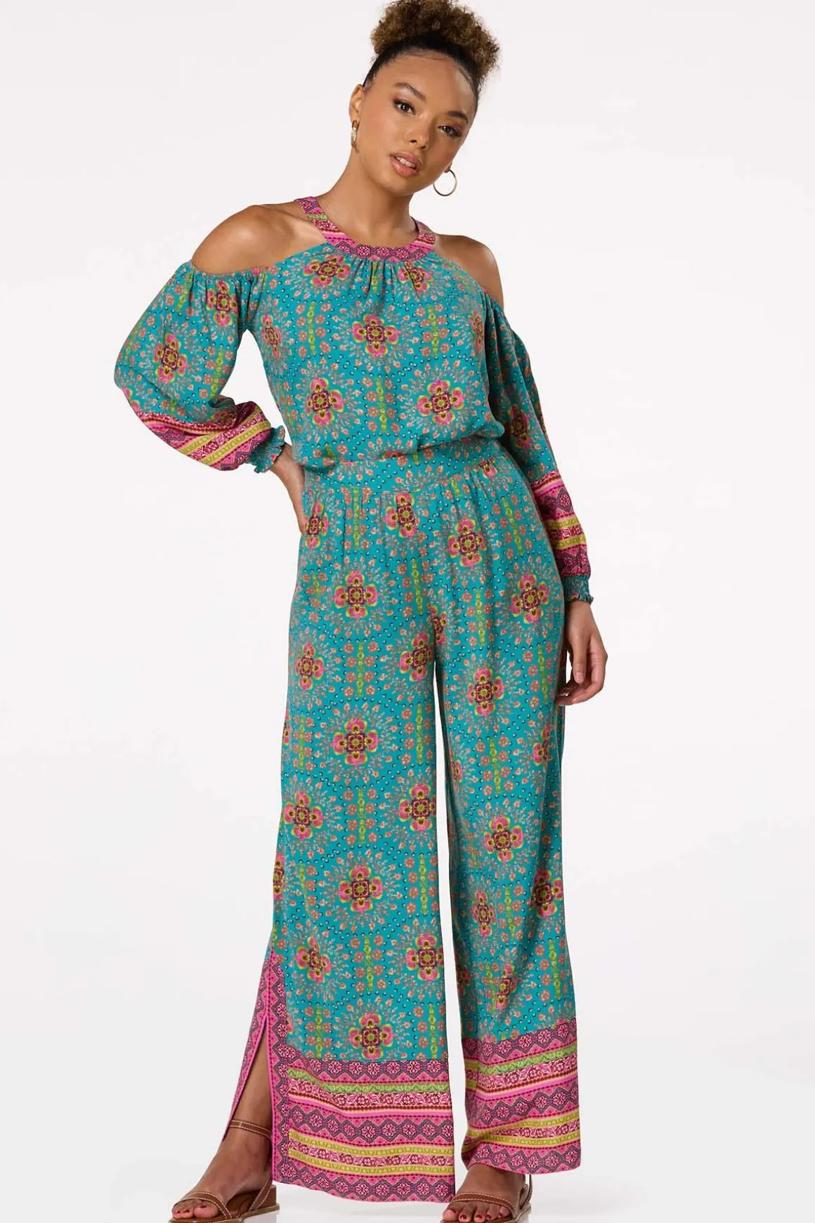 Teal Floral Cold Shoulder Top