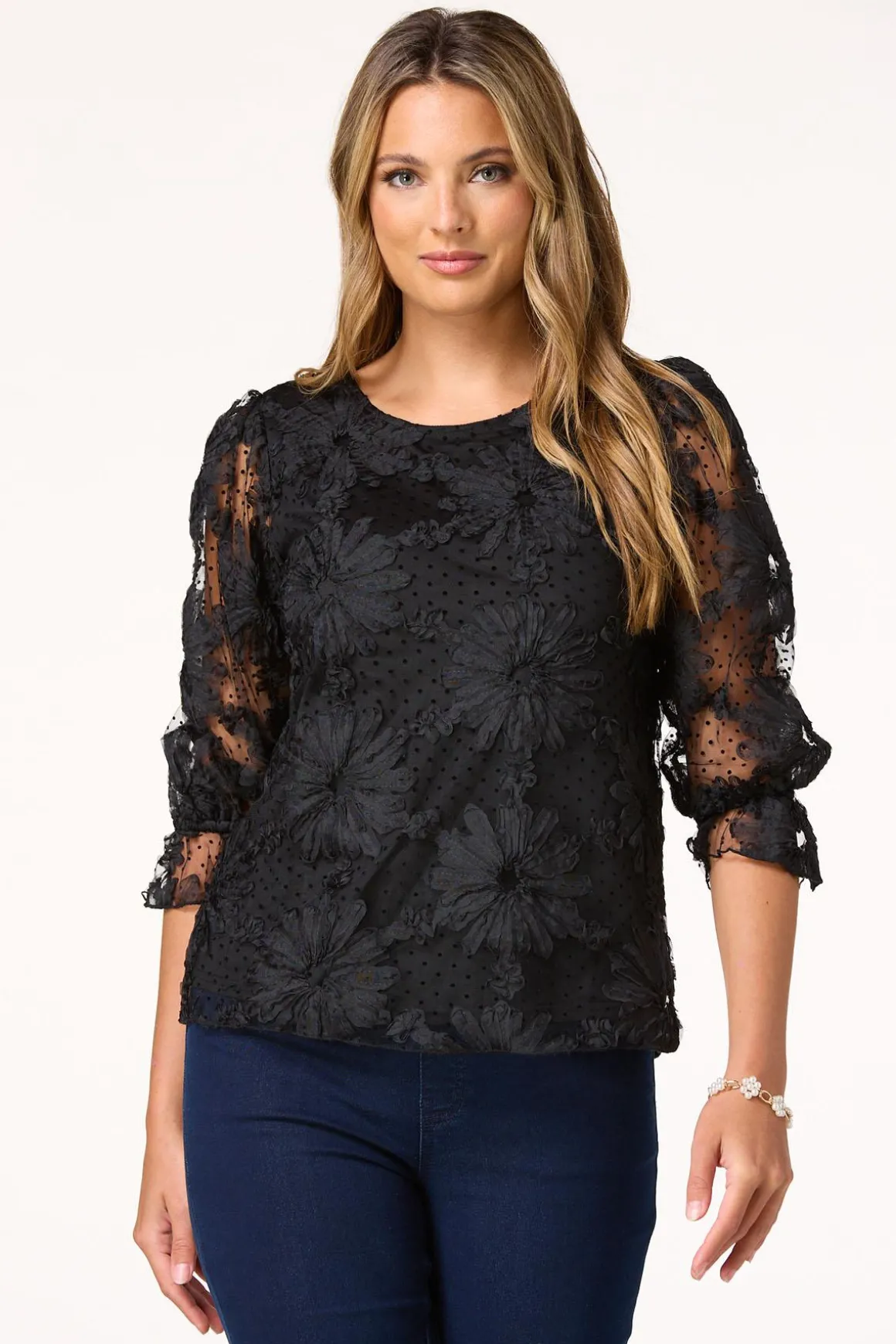 Textured Floral Mesh Top