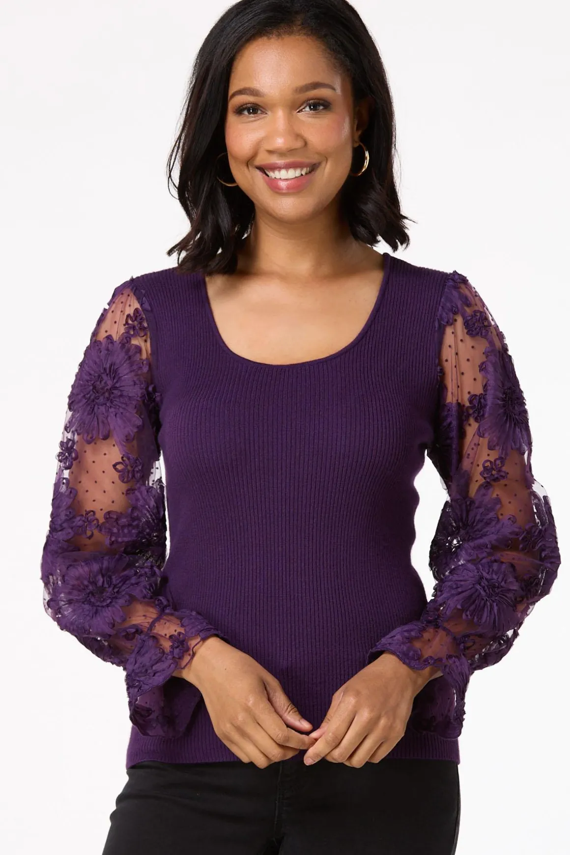 Textured Sheer Sleeve Sweater