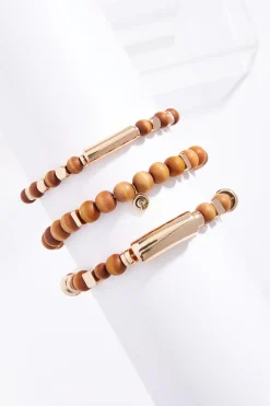 Wood Ball Gold Stretch Bracelet Set