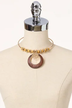 Wood Circle Gold Pendant Necklace Set