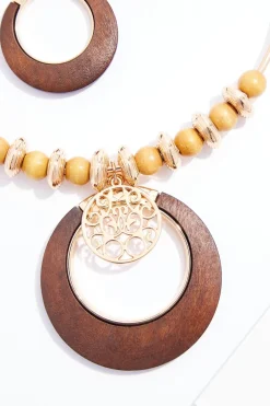 Wood Circle Gold Pendant Necklace Set