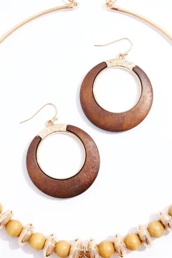 Wood Circle Gold Pendant Necklace Set