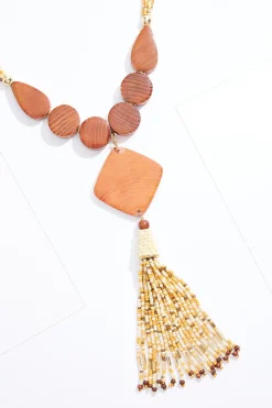 Wood Multi Bead Tassel Necklace
