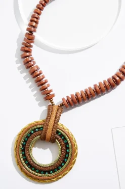 Wood Rope Green Stone Pendant Necklace
