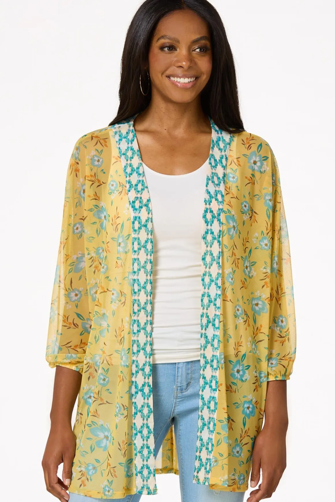 Yellow Floral Mesh Kimono