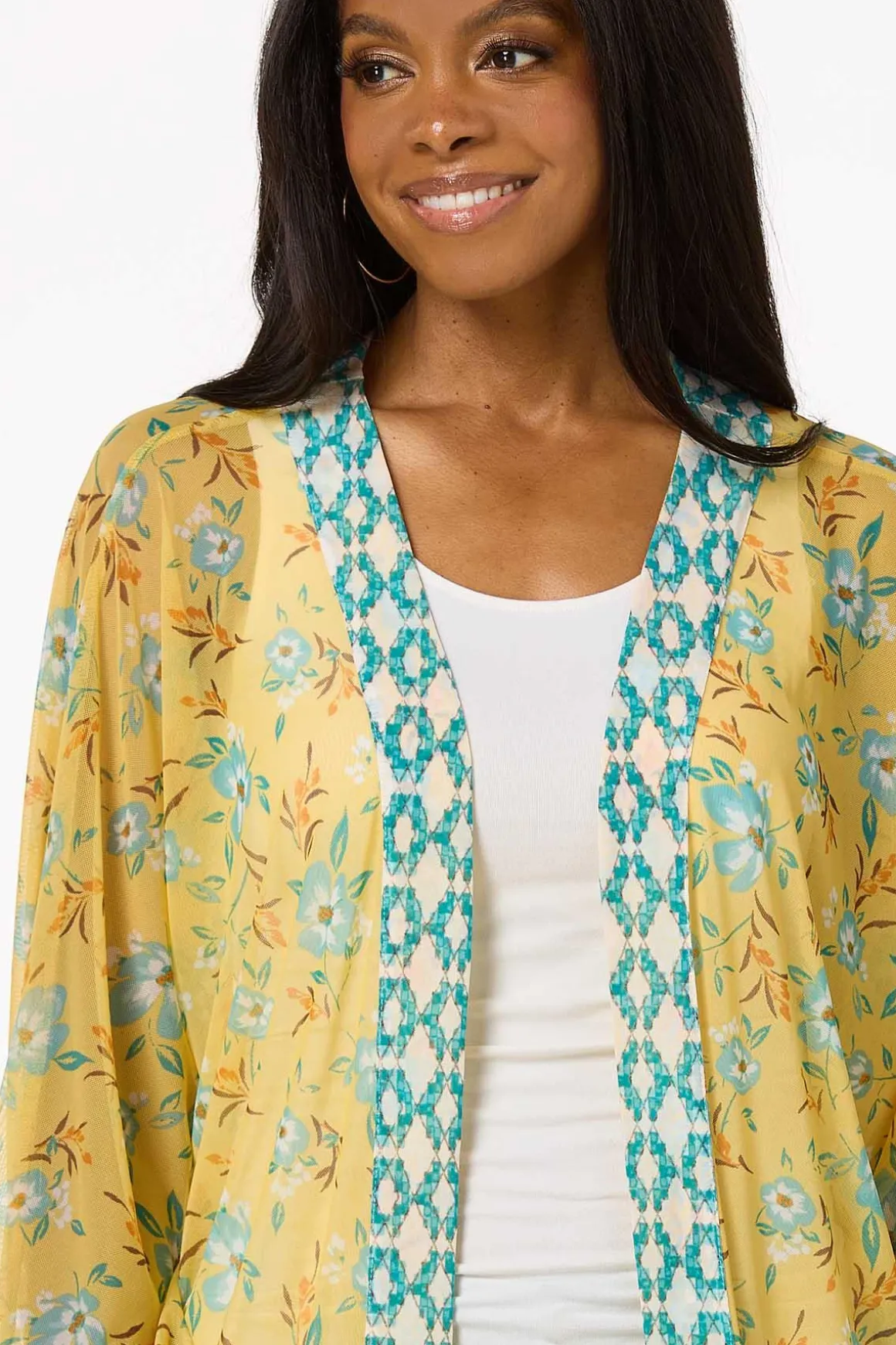Yellow Floral Mesh Kimono