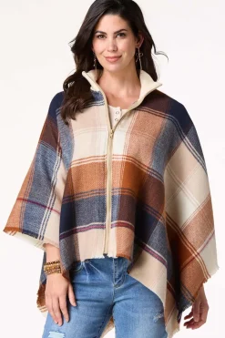 Zip Front Collared Plaid Poncho